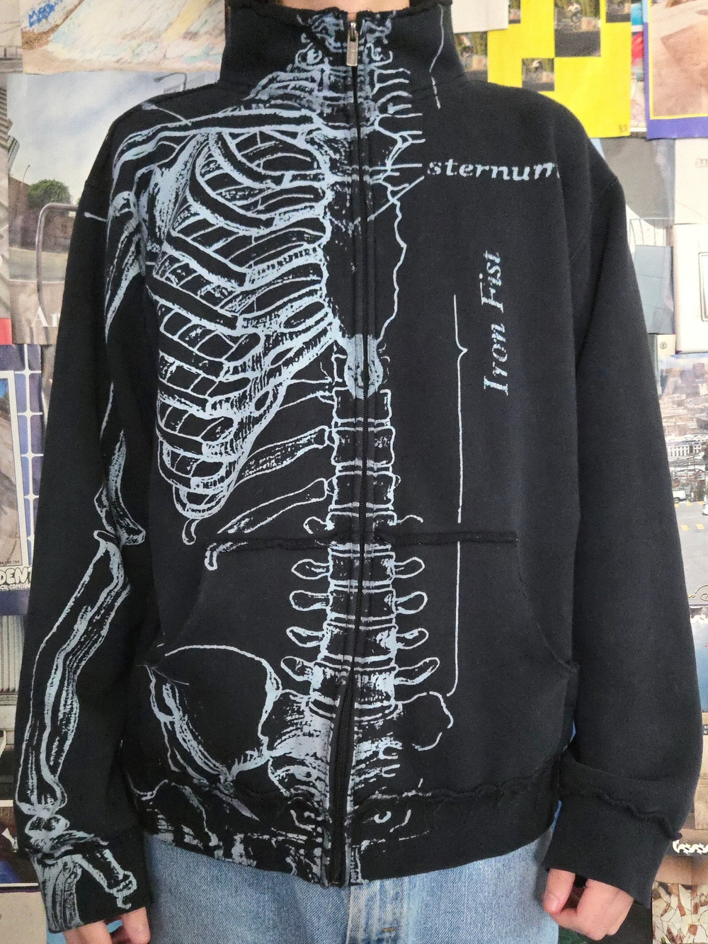 Y2K Iron Fist Zip-Up Sweater RARE skeleton anatomy graphic jacket - Mens Large
